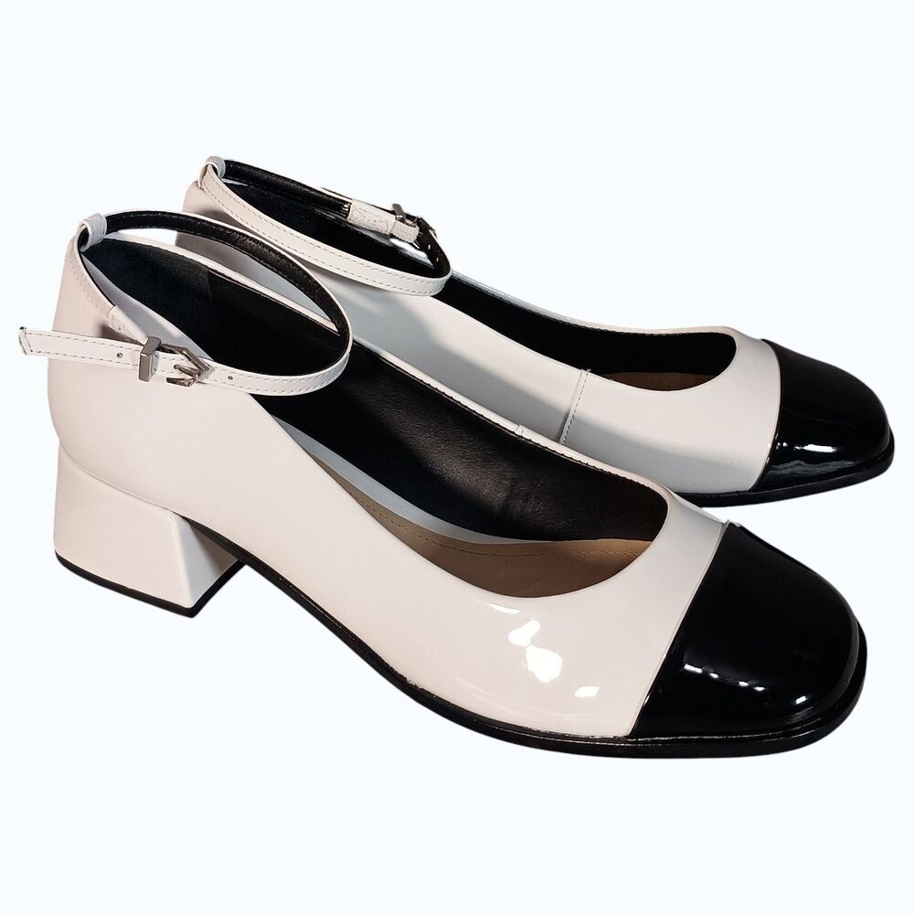 Schultz  Dorothy Shoes Womens 8 Black White Leather Cap Toe Ankle Strap - Picture 2 of 11